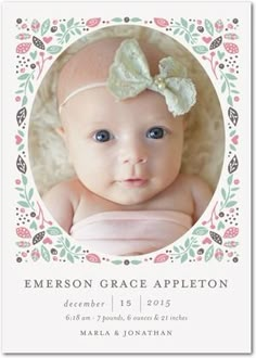 Exquisite Welcome - Girl Photo Birth Announcements - Hello Little One - Basil - Green : Front Baby Arrival Announcement, Parties Themes, Girl Template, Birth Announcement Photos, Birth Announcement Template, Photography Spring, Birth Announcement Boy, Ruby Jane