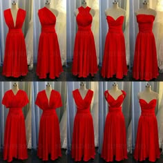 six photos of different styles of red dresses on mannequins in front of curtains