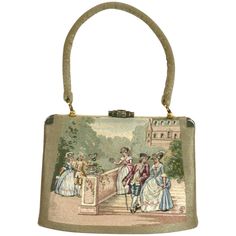 Lovely embroidered french purse with 18th Century scenes. Lavishly silk stitch embroidered and beautifully detailed. Clasp and hilt are gilded sterling with elaborate etch work. Even the handles, base and body of the bag are embroidered in silk floss. Exquisite craftsmanship, with artist signature in embroidery. Satin lined. 1950's France. Excellent condition. 8" x 5.5" x 2.5", Handles add 5". Stitch Purse, French Gifts, 19th Century Art, French Silk, Womens Purses, Handle Bag, Vintage Bags, Embroidery Art, Fashion Handbags