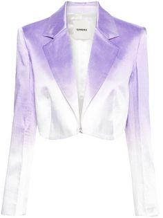 lilac purple/ecru satin finish ombré effect notched lapels hook-clip fastening shoulder pads long sleeves split cuffs cropped hem satin lining Crop Blazer Outfit, Purple Alien, Oc Fashion, Dress Reference, Blazer Outfit, Aesthetic Outfit Ideas, Crop Blazer, Yoko London, Wedding Guest Looks