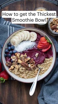 a bowl filled with granola, fruit and nuts