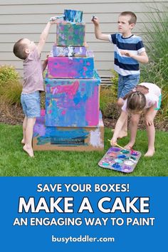 three children are playing in front of a cake with the words save your boxes make a cake an engaging way to paint