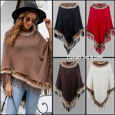 Red Chocolate, Knit Poncho, Fringed Poncho, Timeless Wardrobe, Timeless Wardrobe Staples, Dresses Elegant, Knitted Poncho, Faux Fur Collar, And Dresses