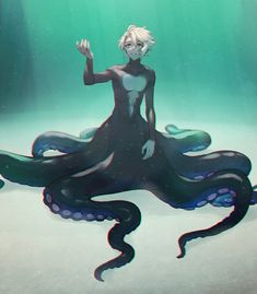 a woman sitting on top of an octopus in the ocean with her hands up to her chest