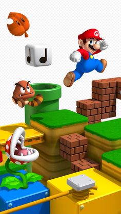 super mario running through the air with his arms out in front of him and other objects around