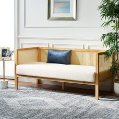 a living room with a couch, potted plant and framed painting on the wall