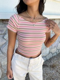 spring, spring outfit, spring outfit inspo, outfit inspo, outfit inspiration, ootd, outfits, outfit ideas, outfit ideas spring, spring outfits, croquette, bows, croquette vibes, soft girl vibes, lanacore, lana del rey, pink top, striped top, summer looks, summer outfit, summer top, summer 2024 Summer Striped Ribbed Tops, Cute Fitted Knit Top, Striped Ribbed Stretch Crop Top, Casual Non-stretch Seamless Tops, Pink Ribbed Fitted Knit Top, Trendy Seamless Pink Top, Trendy Pink Seamless Top, Fitted Ribbed Top For Summer, Cotton Ribbed Knit Top