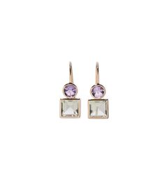 14k Pastille Earrings Amethyst and Green Amethyst. Fine gold earwires with faceted round purple and square green stones. Square Stone Earrings, Square Stone, Aquamarine Stone, Amethyst Earrings, Green Amethyst, Wire Earrings, Fine Earrings, Customer Care, Stone Earrings