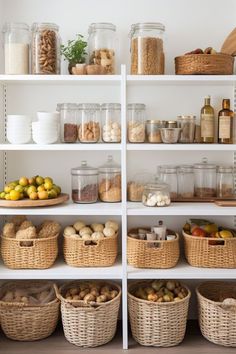 the shelves are filled with different types of food and jars full of spices, nuts, fruit, and other things