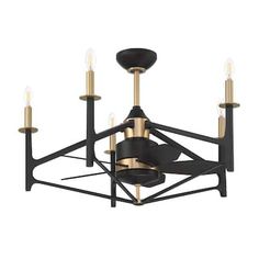 a black and gold chandelier with five candles hanging from the center, on an isolated white background