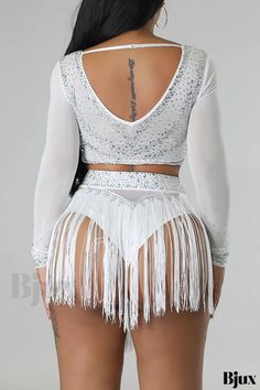 Bjux - Moderno y seductor conjunto de dos piezas de patchwork blanco con perforaciones calientes, detalles de borlas y diseño transparente High Fashion Outfits, Country Outfits, Olivia Mark, Black Lace, High Fashion, Sleeve Styles, Two Piece, Cute Outfits, Long Sleeves