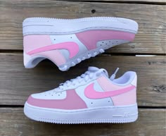 Custom Painted Nike Air Force 1s with Pink Color Block Pink Air Force 1 Outfit, Custom Pink Air Force 1, Pink Nike Custom Sneakers For Sports, Nike Custom Pink Sneakers For Light Sports, Nike Shoes Women Air Force Pink, Custom Nike Shoes Air Force Pink, Painted Air Force 1, Custom Af1, Nike Air Force 1s