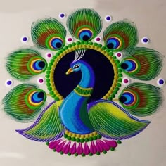 a peacock painted on the side of a white plate with blue, green and yellow feathers