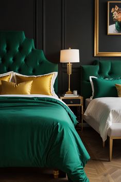 two beds with green headboards and yellow pillows in a room that has black walls