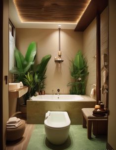 a bath room with a tub a sink and some plants