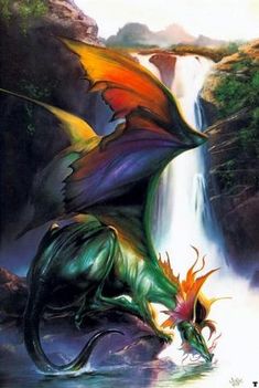 a painting of a dragon attacking a water fall