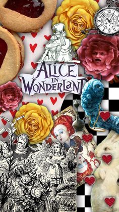 altered photograph of alice and the wonderland tea party with cookies, roses, heart shaped cookie cutters