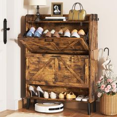 an old wooden cabinet with shoes on it