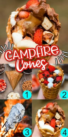 the campfire cones are filled with fruit and marshmallows