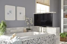 a living room with a large white bathtub in front of a flat screen tv