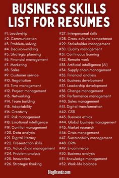 a red poster with the words business skills list for resumes