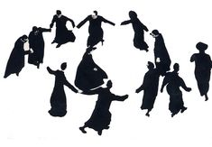 several silhouettes of people in long dresses and cloaks are shown against a white background