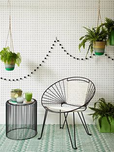 some plants are hanging on the wall near a chair