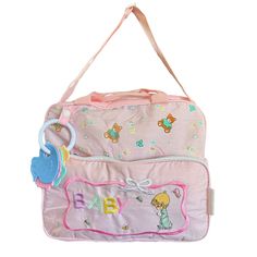 a pink bag with winnie the pooh on it's side and a blue pacifier