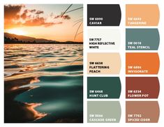 an image of the sun setting over water with color swatches for each panel and text