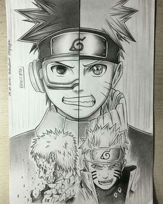 a pencil drawing of naruto and his friends