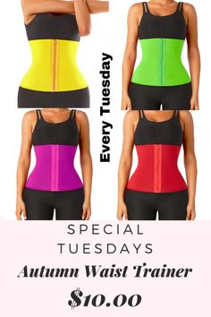 a woman wearing a corset with the words special tuesday's autumn waist trainer $