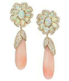 Pink Opal Jewelry, Pink Diamond Earrings, Rare Watches, Earrings Opal, Flower Drop Earrings, Jeweled Earrings, Coral Jewelry, Opal Earrings, Van Cleef