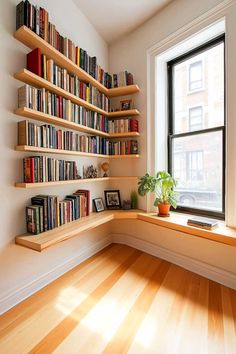 a window sill filled with lots of books next to a window