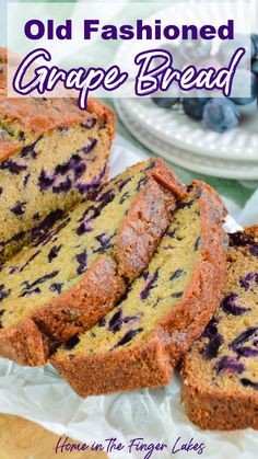 an old fashioned grape bread is cut into slices and stacked on top of each other