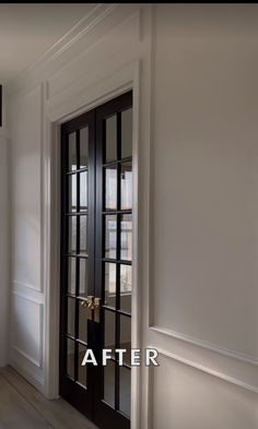 an empty room with black doors and white walls is shown before and after remodeling