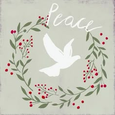 a white dove with red berries and the word peace