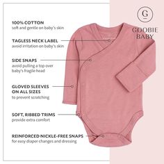 The coziest and comfiest baby onesie out there, our super soft Kimono Bodysuits are perfect for newborns to toddlers. With a side snap closure at baby’s side, the Kimono Bodysuit enables quick changing and doesn’t require the top to be pulled over the baby's fragile head. Just unsnap the buttons, open it up like a shirt, and place baby inside! Our long sleeve kimono style onesie also features gloved sleeves which is perfect for the littlest of newborns. The fold over mitten cuffs prevent babies Cheap Pink Long Sleeve Onesie, Blue Long Sleeve Onesie, Pink Sleep Onesie, Pink Winter Sleep Onesie, Newborn Bodysuit Kimono, Baby Inside, Long Sleeve Kimono, Kimono Fashion, Long Sleeve Bodysuit