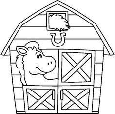 a barn with a cow in it and a horse on the door coloring page for kids