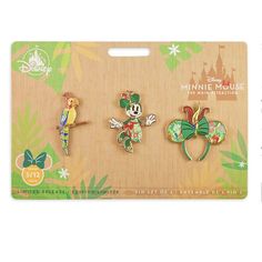 three disney pin set with mickey mouse, minnie and the frog on each one's back