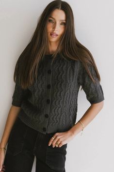 Erika Cable Knit Cardigan in Charcoal Casual Cable Knit Button-up Top, Black Knit Cardigan With Ribbed Cuffs, Black Ribbed Crew Neck Cardigan, Fitted Cable Knit Button-up Cardigan, Fitted Black Textured Knit Cardigan, Cable Knit Pattern, Color Block Cardigan, Half Zip Sweatshirt, Wrap Cardigan