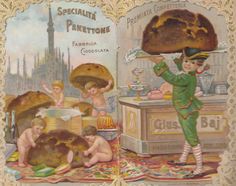 an old fashioned postcard shows children baking bread and other items in front of them