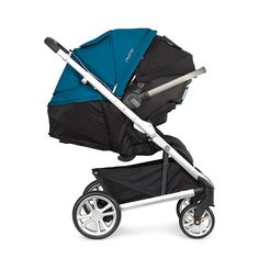 a baby stroller that is black and grey