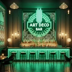 an art deco bar with green neon lights