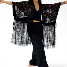 Sequins, Beads, Velvet Trim, Velvet Butterflies Throughout Fits Size Small-Medium Butterfly Kimono, Sequin Kimono, Long Fringe, Long Fringes, Velvet Trim, Sequin Beading, Flapper Dress, Beading, Butterflies