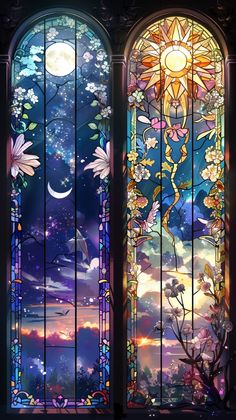 two stained glass windows with flowers and birds on them in front of a night sky