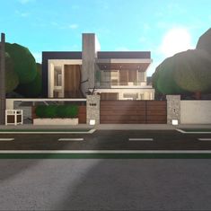 a modern house is shown in the middle of an empty street with trees on both sides