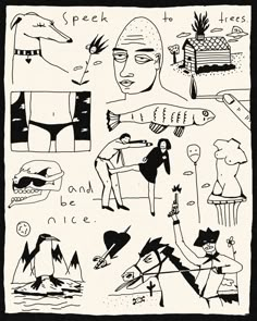 black and white drawing of people in bathing suits, with words written on the side