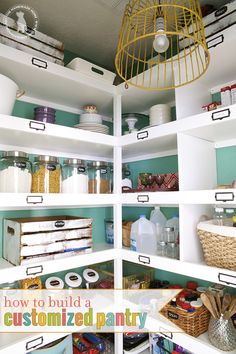 the shelves in this pantry are filled with food and other items, including plastic containers