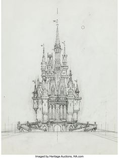 a drawing of a castle in the middle of a field