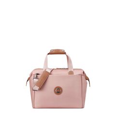 a pink handbag with handles and straps on the handle, sitting against a white background